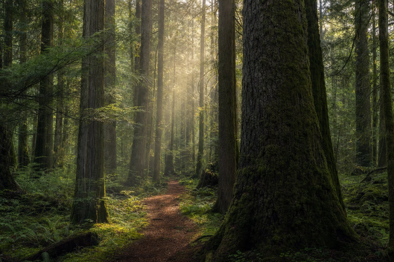 Soft light filtering through a quiet green forest