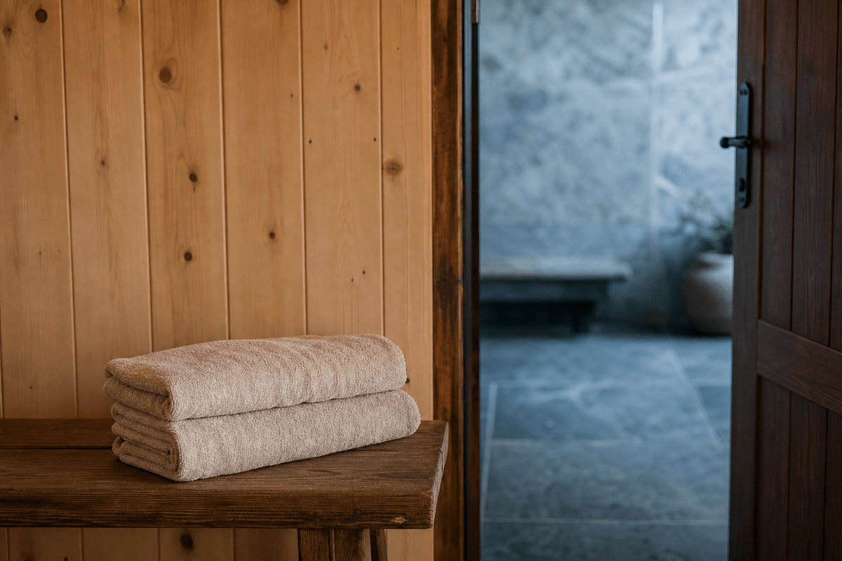 Two towels folded on a wooden bench beside an open door to a cool room