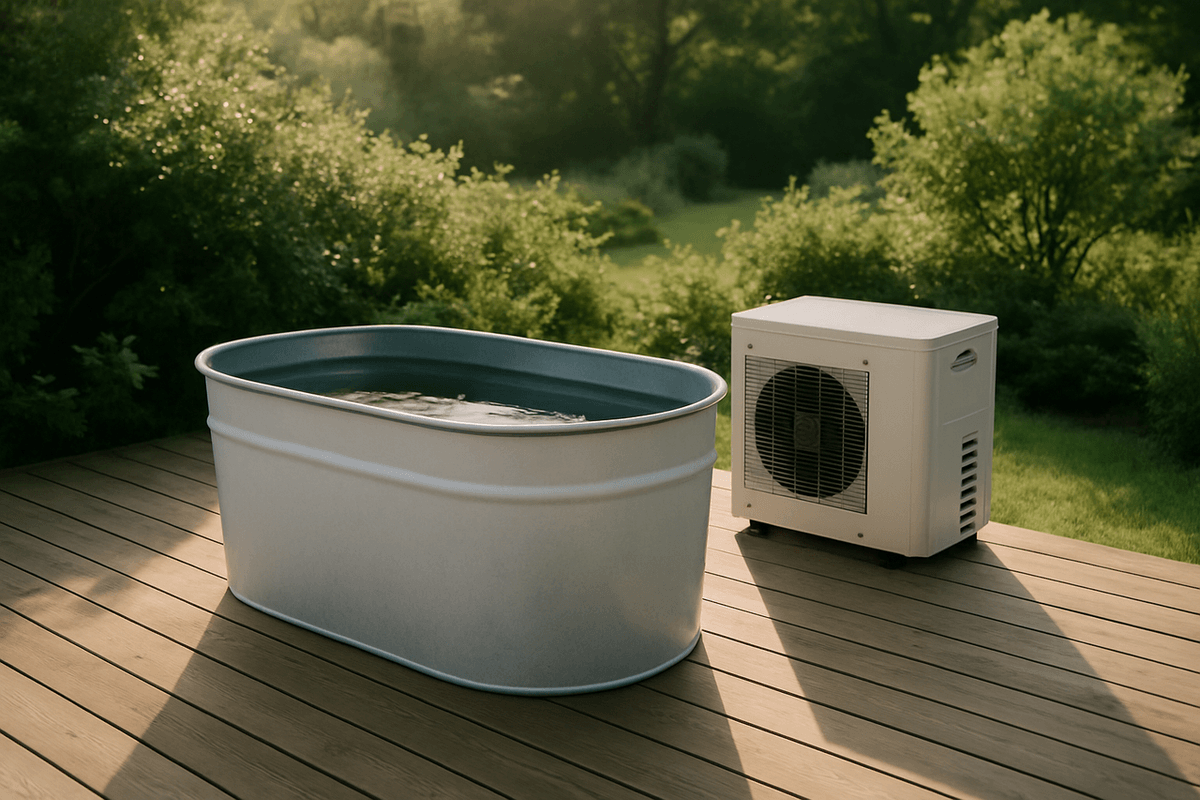 A cold plunge tub on a wooden deck beside a small chiller unit in morning light