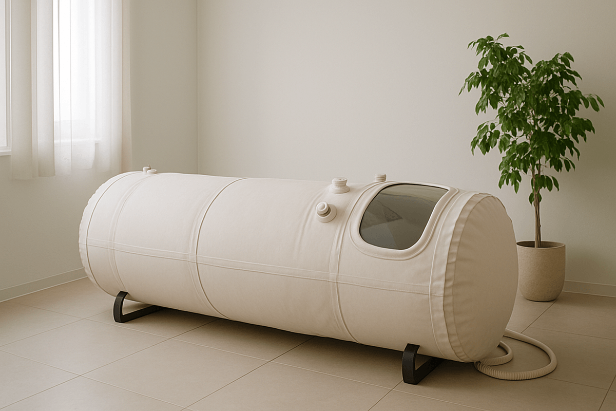 A soft-sided hyperbaric chamber in a quiet clinic room with natural light