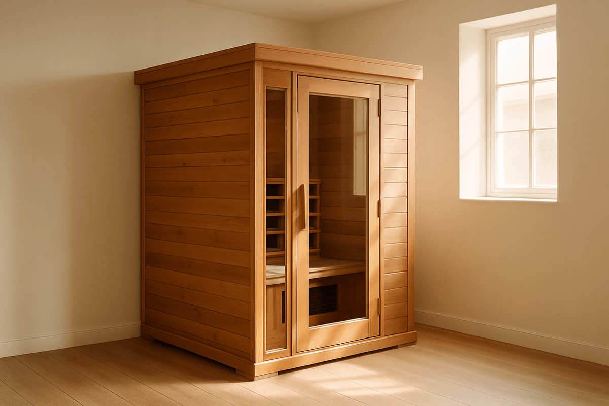 A small cedar infrared sauna cabin in the corner of a bright home room