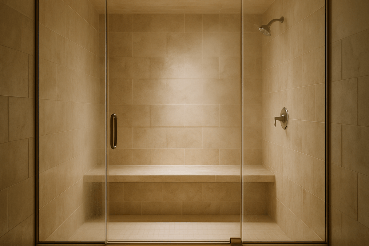A tiled steam shower enclosure with a glass door and soft light