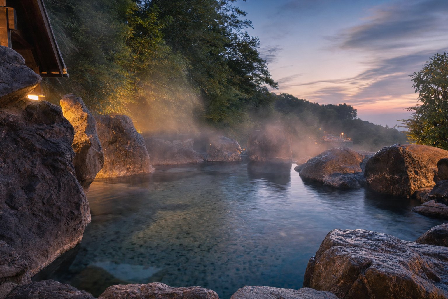 A natural hot spring pool steaming gently in a serene landscape