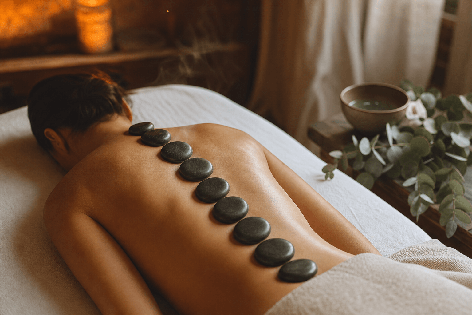 Smooth dark basalt stones arranged in a line along a client's spine on a white massage table, steam rising faintly, warm amber lighting, a small bowl of water and eucalyptus sprigs on a wooden side table