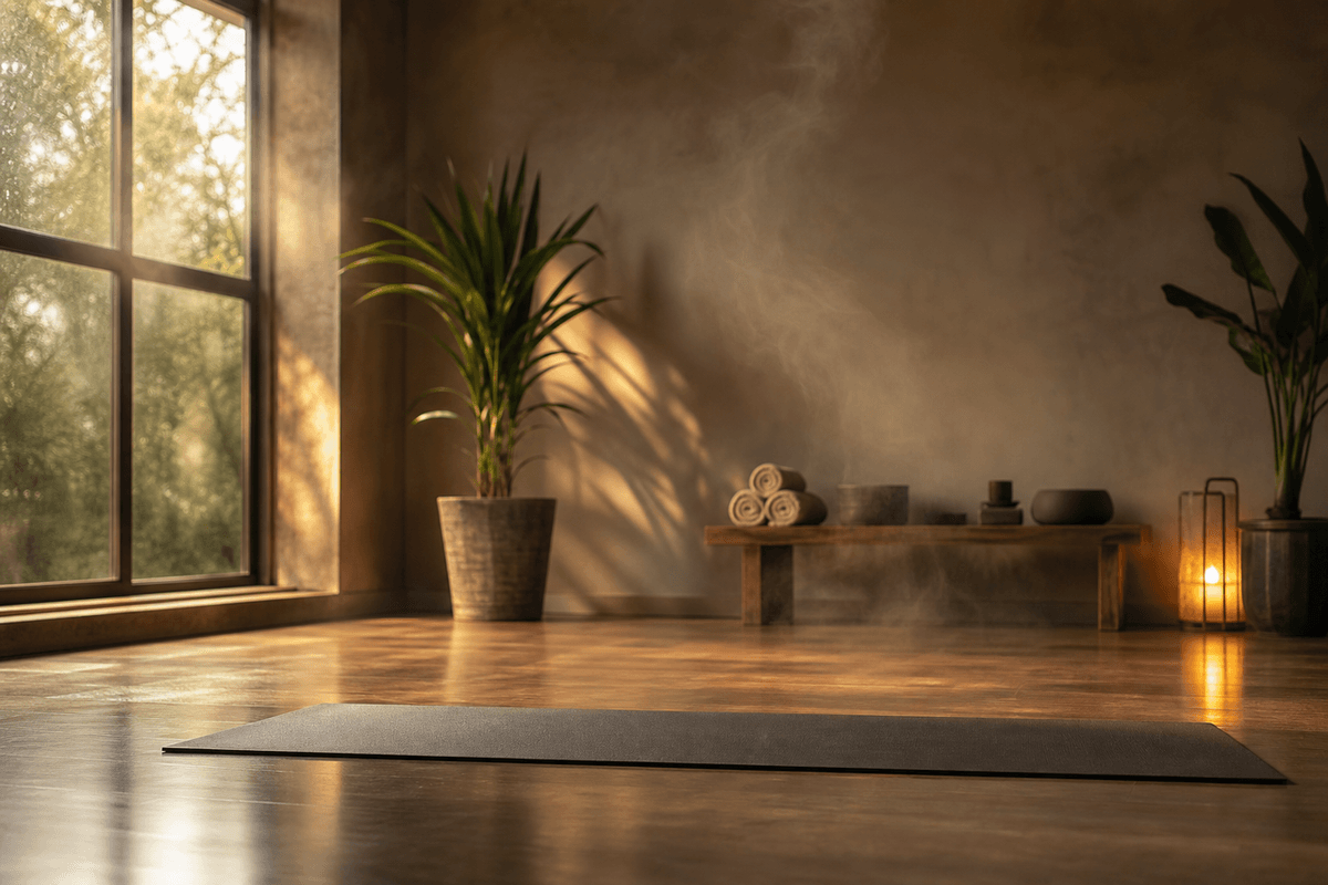 A warm yoga studio with soft light and a single mat, faint steam in the air