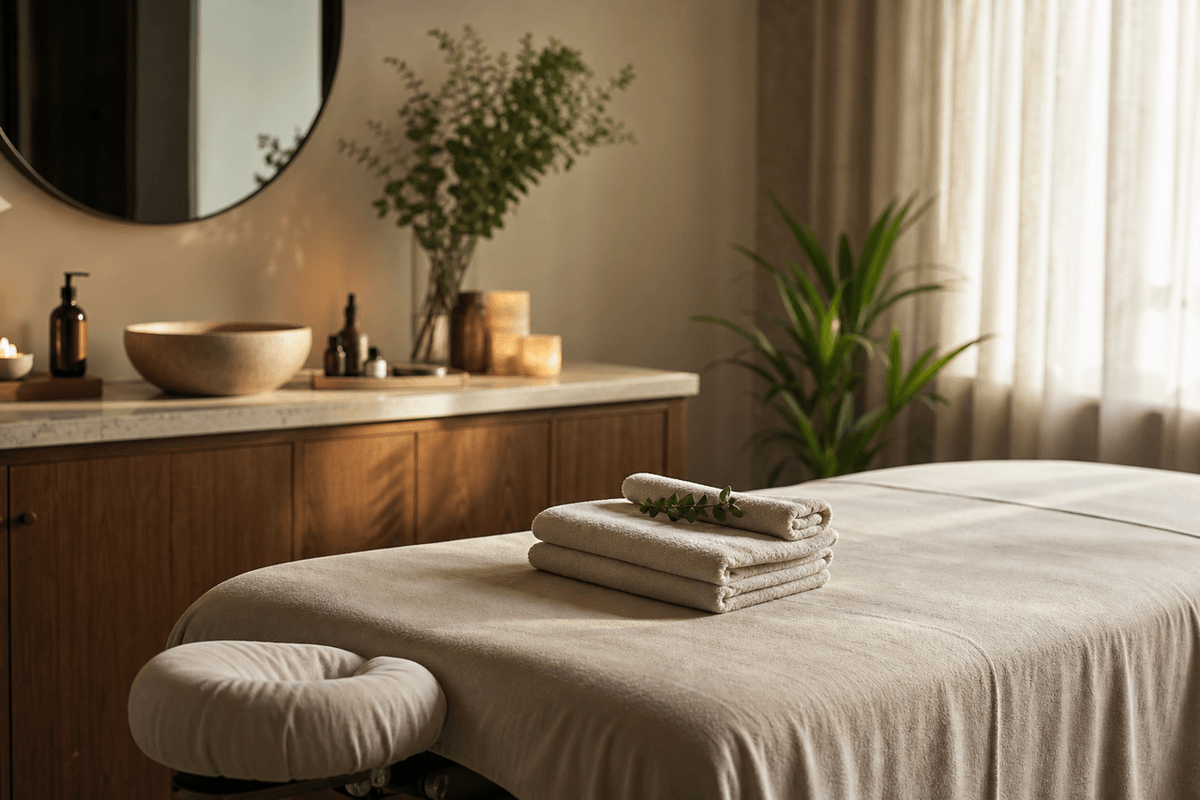 A neatly made massage table with folded towels in a calm treatment room