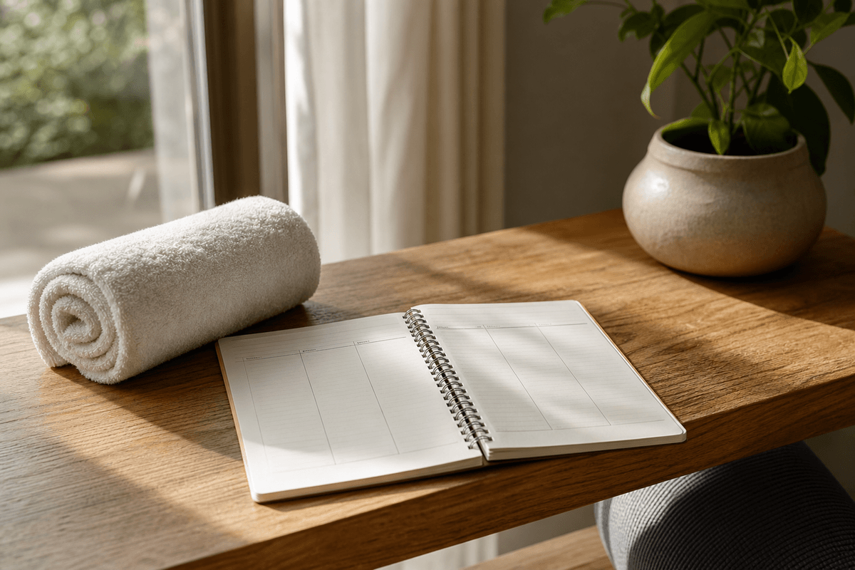 A simple weekly planner and a rolled towel on a wooden table in calm morning light