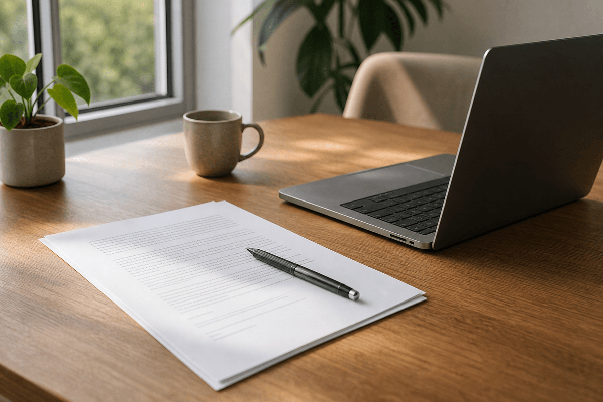 A laptop, a printed contract, and a pen on a desk in calm daylight