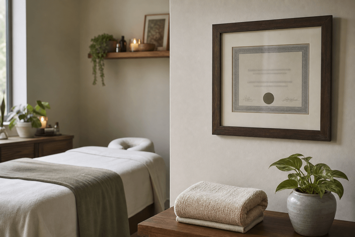 A framed certificate on a treatment room wall beside a folded towel and a small plant, softly lit