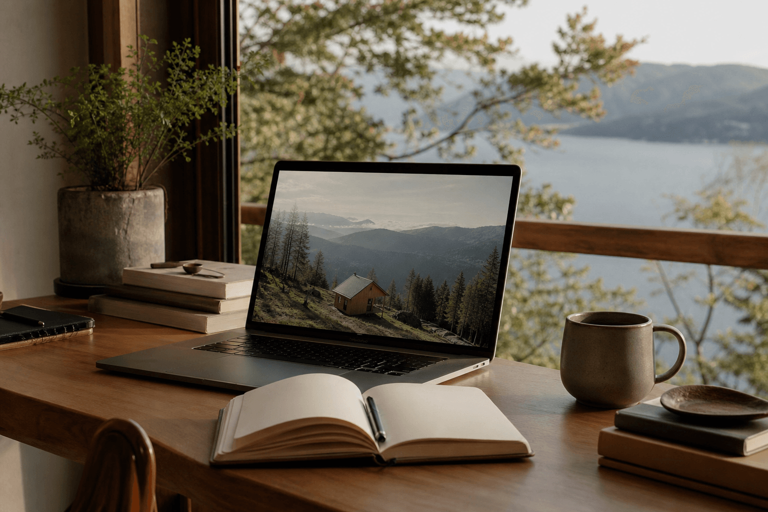 A calm desk with a notebook and laptop showing a quiet retreat page, warm natural light