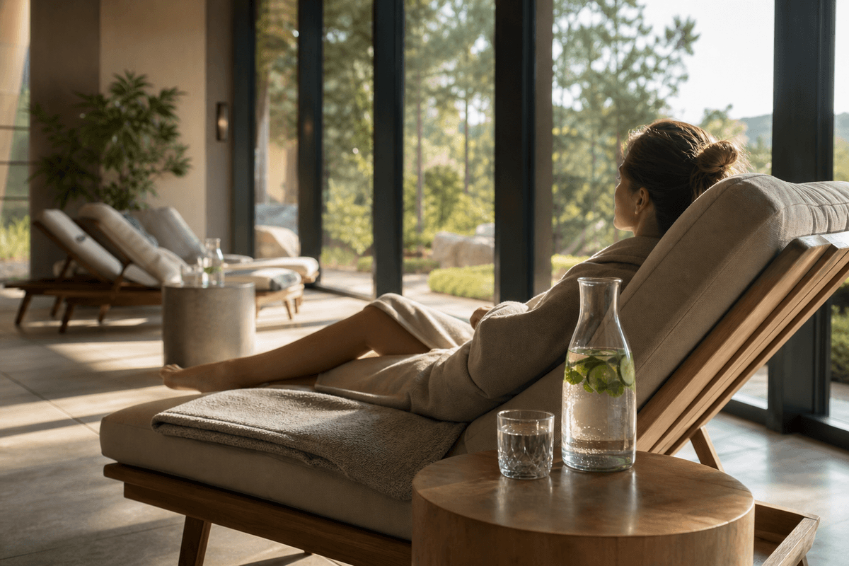 A relaxation lounge with loungers, water carafes and warm daylight through tall windows