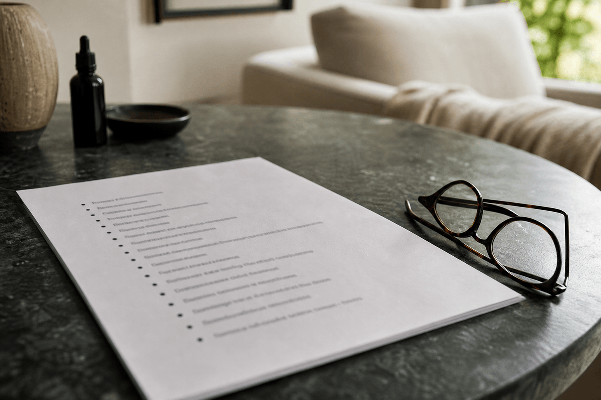 A printed treatment list on a table beside a pair of reading glasses