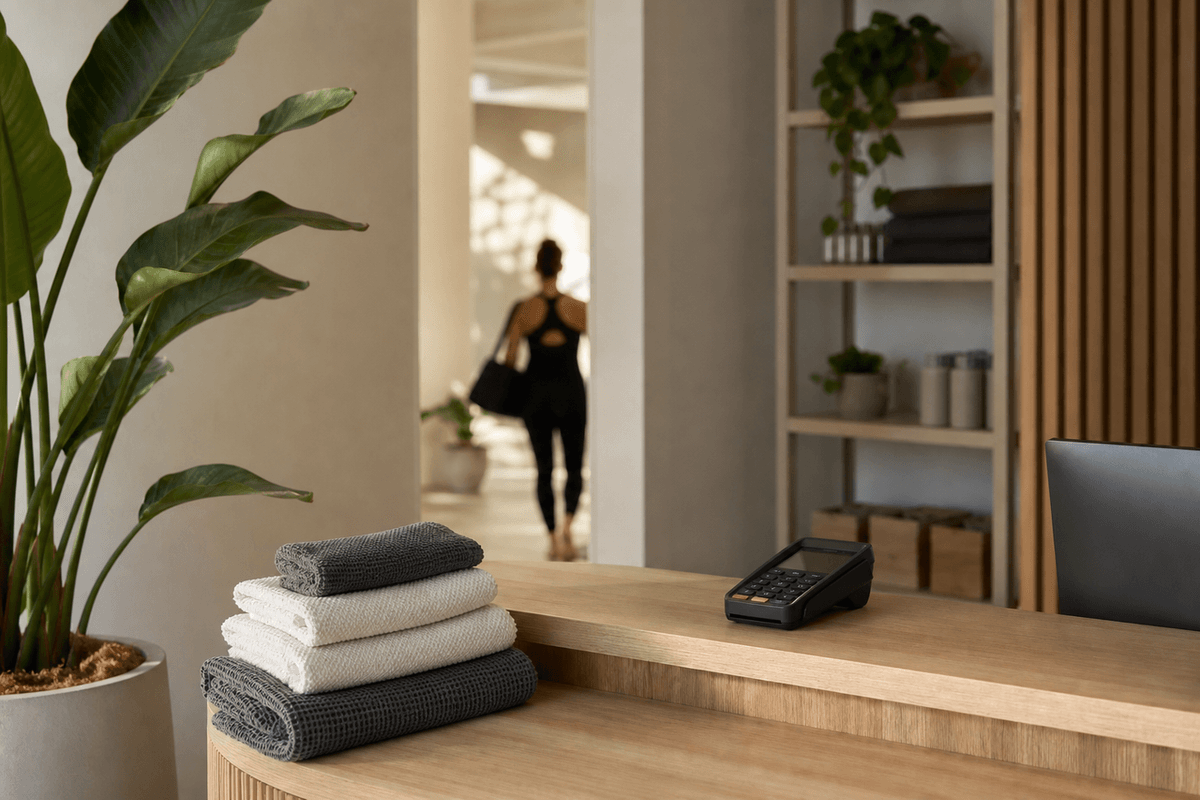 A studio reception desk with a card reader, a plant and folded towels