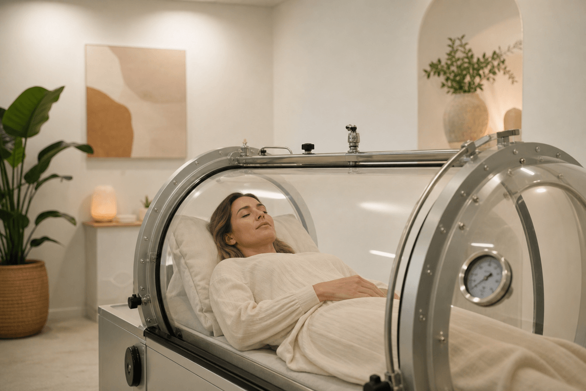 A person reclining inside a transparent hyperbaric oxygen chamber in a clean medical-adjacent wellness clinic, soft overhead lighting, white walls, visible pressure gauge on the chamber exterior