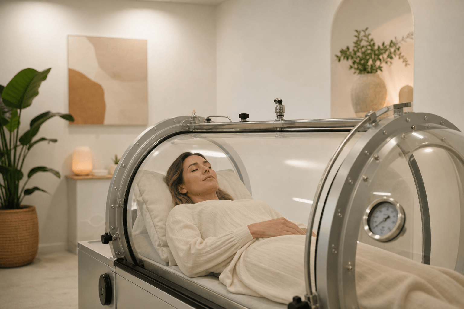 A person reclining inside a transparent hyperbaric oxygen chamber in a clean medical-adjacent wellness clinic, soft overhead lighting, white walls, visible pressure gauge on the chamber exterior