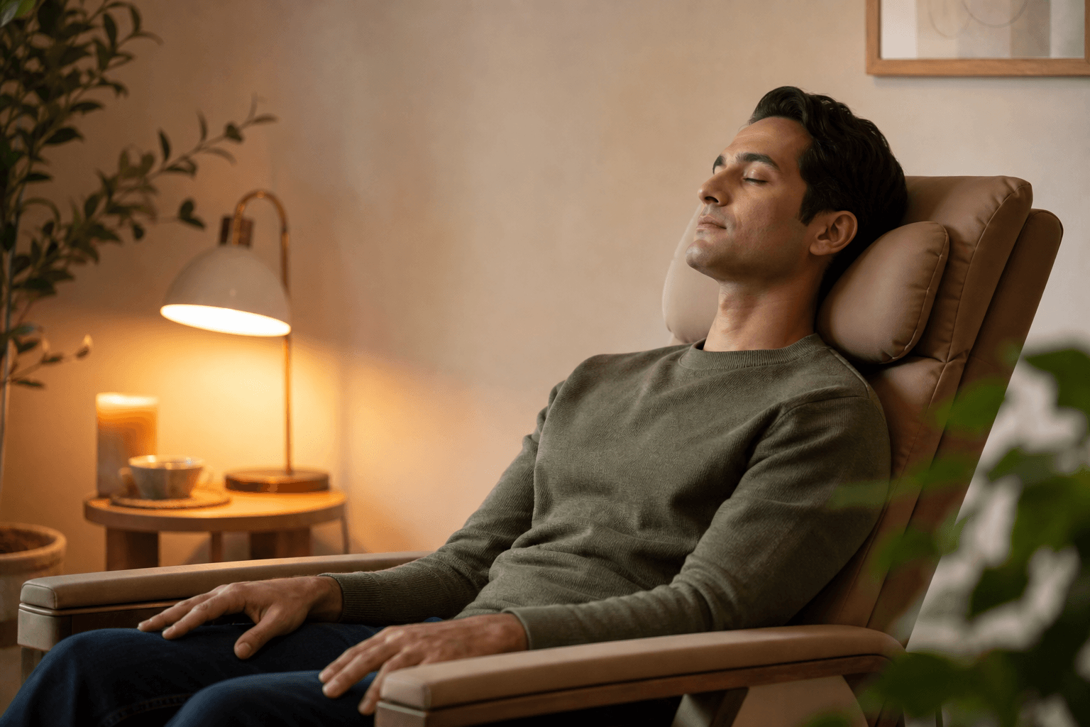 A person relaxing in a comfortable reclining chair in a calm, softly lit therapy room, eyes closed, a small desk lamp casting warm light on white walls, quiet and focused atmosphere