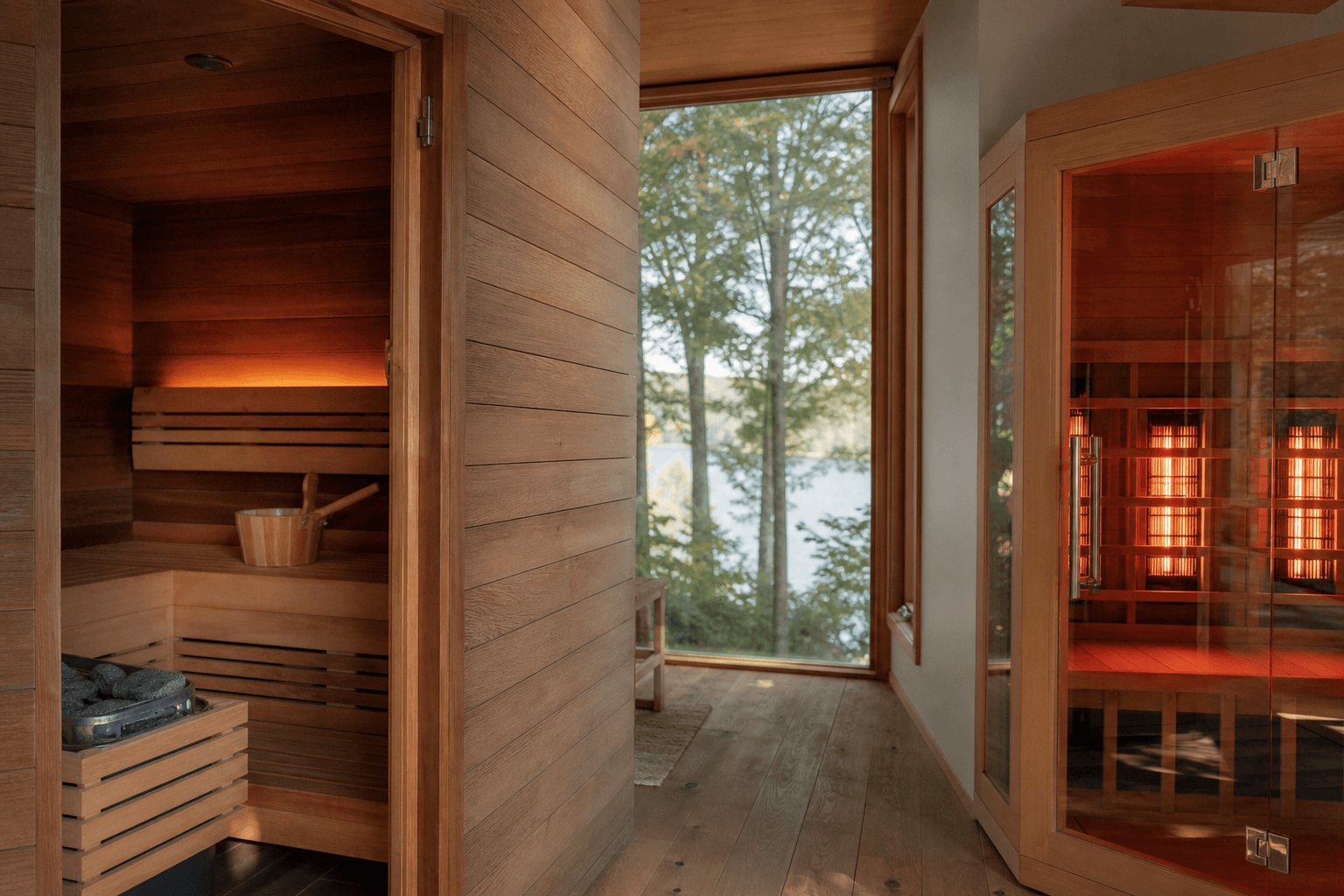 A warm cedar traditional sauna beside a softly glowing infrared cabin in calm natural light