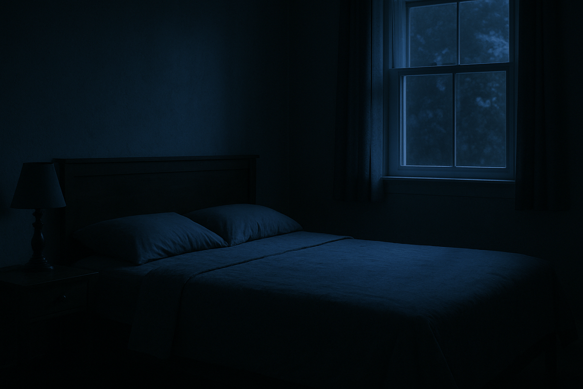A dark, quiet bedroom at night with an empty, neatly made bed and a bedside table in low light