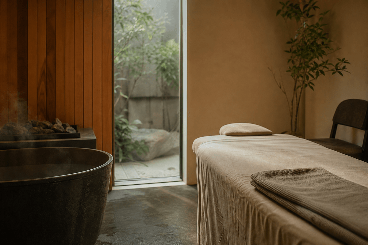 A calm, softly lit treatment room with a folded towel and a single chair, serene and quiet