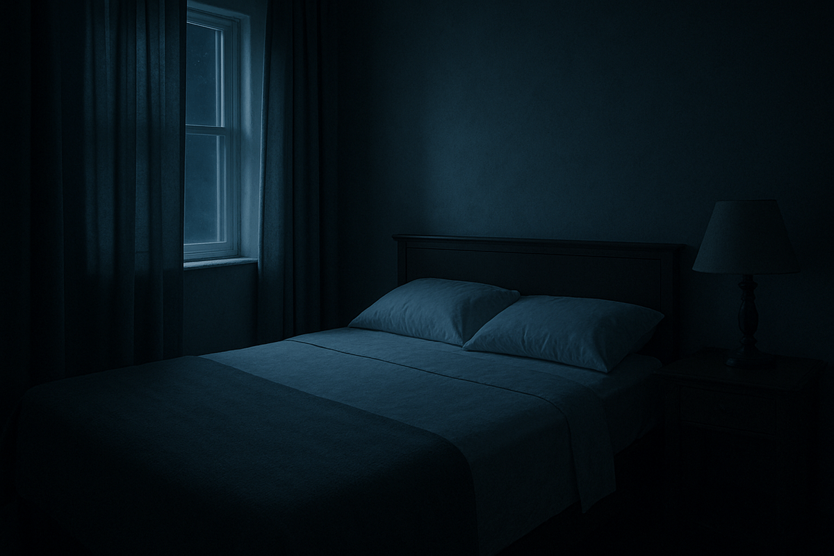 A quiet dim bedroom at night with an empty unmade bed and no people