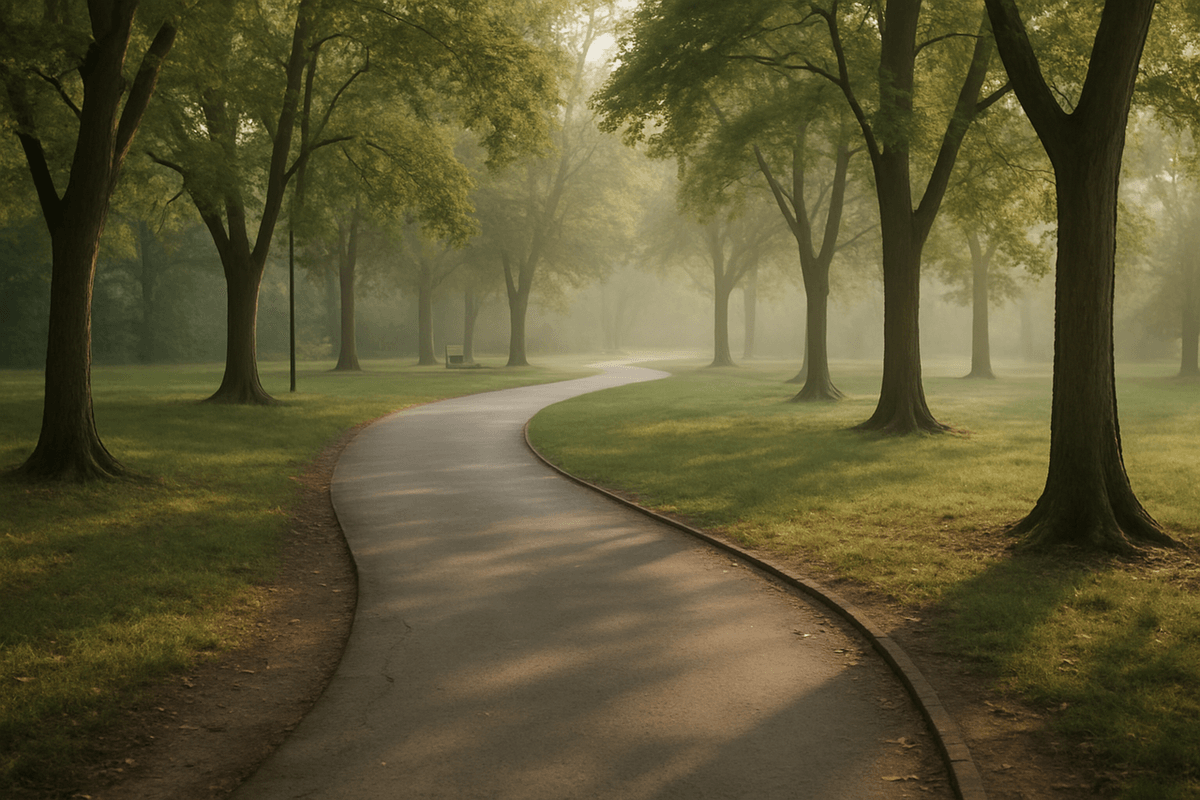 An empty park path in morning light with trees on either side, with no people or text in frame