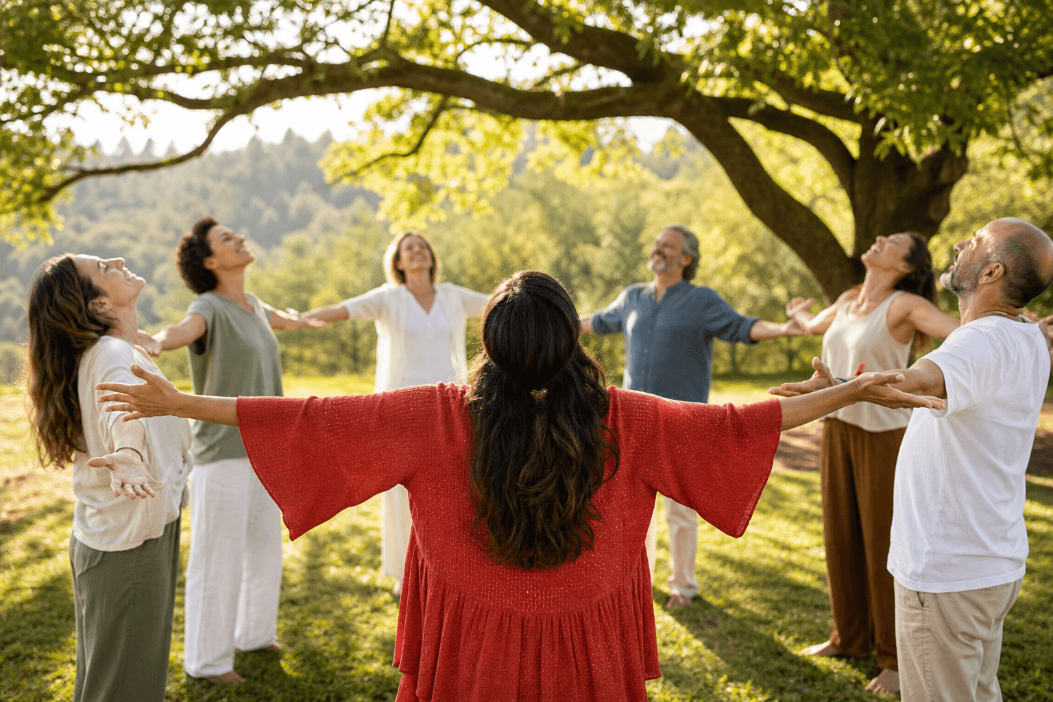 A circle of adults standing outdoors on a sun-dappled lawn, arms wide open and heads tilted back mid-laugh, led by a facilitator in bright clothing, warm morning light filtering through nearby trees
