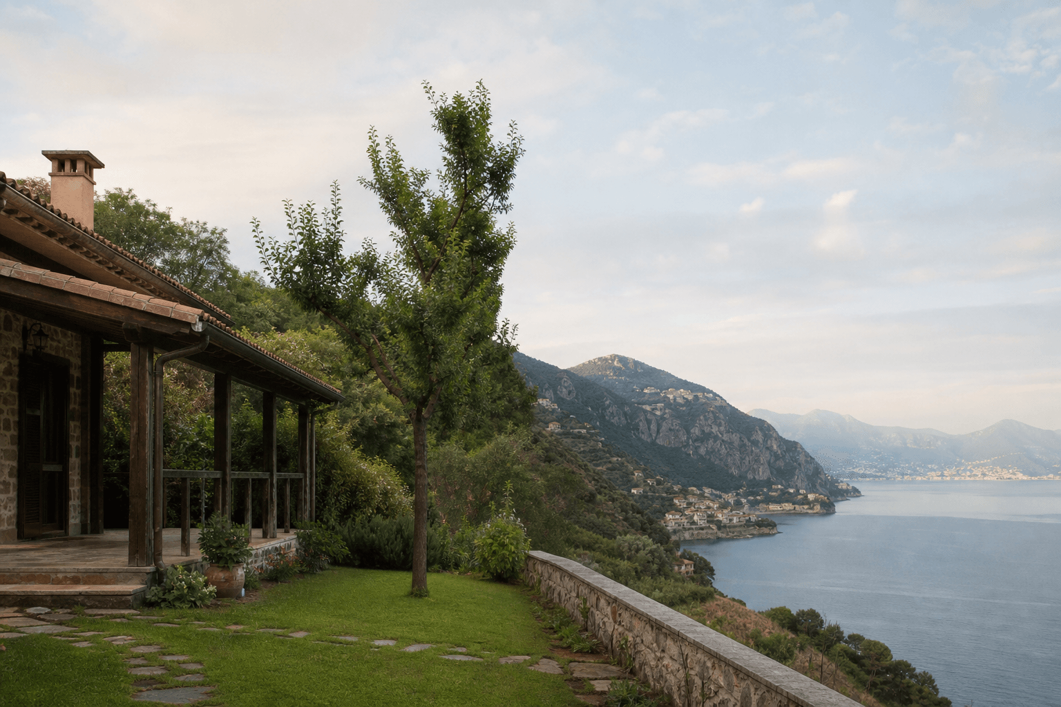 A split calm scene: a nearby countryside retreat on one side and a far scenic destination on the other