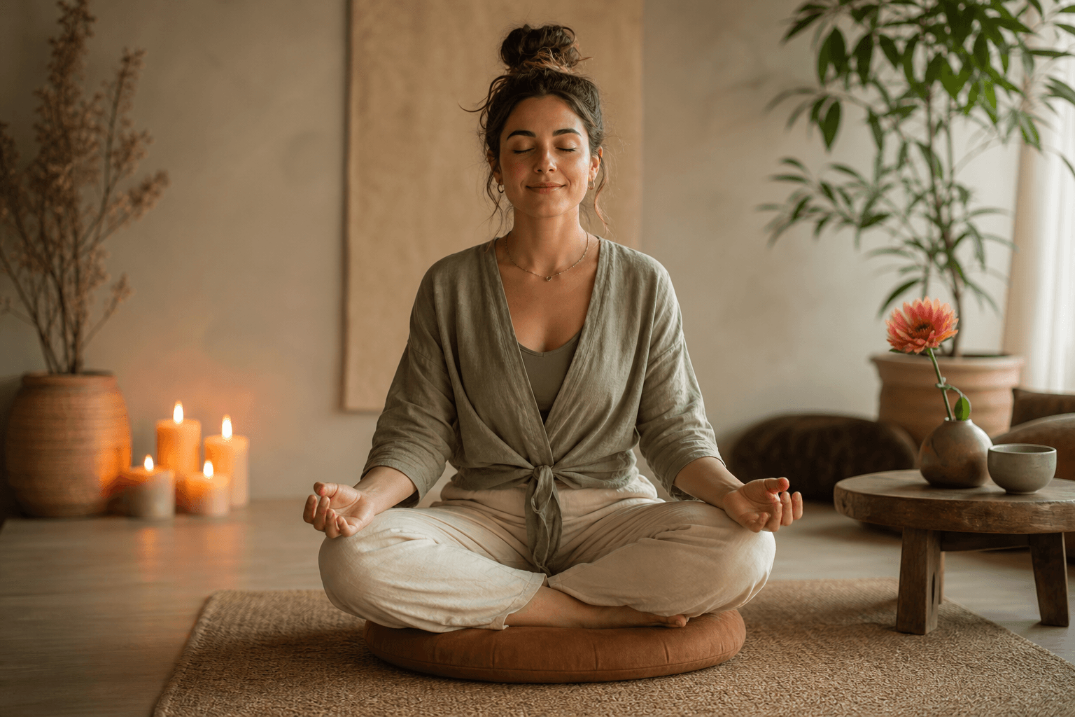 A person seated cross-legged on a meditation cushion in a soft-lit room, hands resting open on knees, a gentle expression on their face, warm candlelight nearby, a single flower in a small vase on a low table