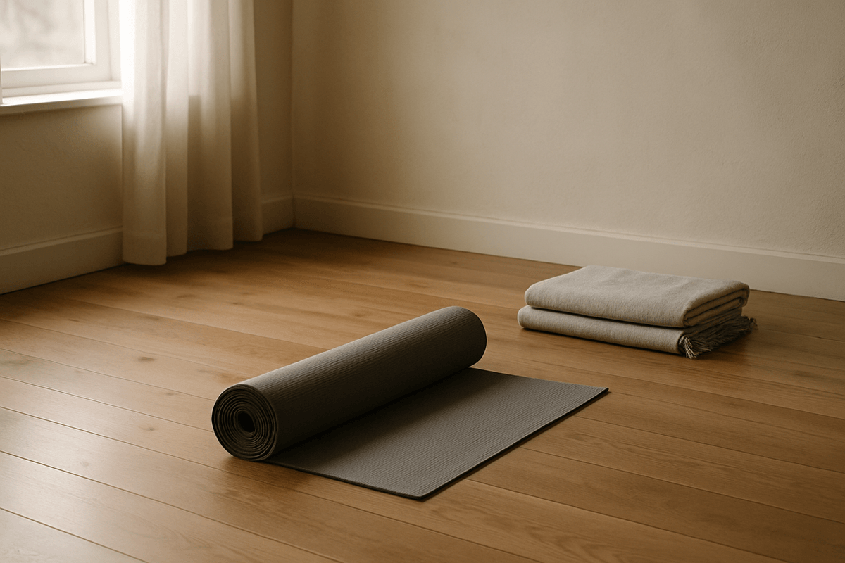 A quiet room with a yoga mat unrolled on the floor and a folded blanket beside it in daylight