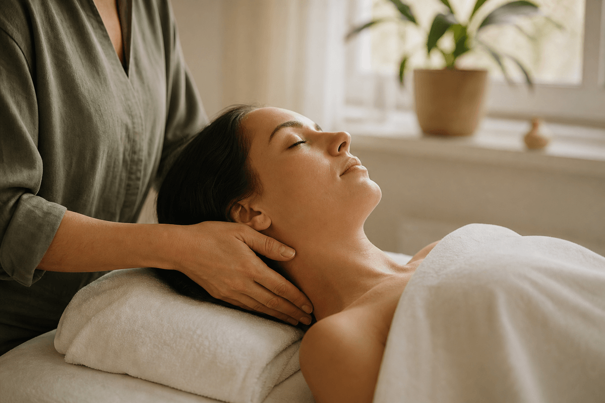 A therapist's hands performing slow, feather-light strokes along the side of a client's neck in a softly lit treatment room with white linens and a small potted plant on the windowsill