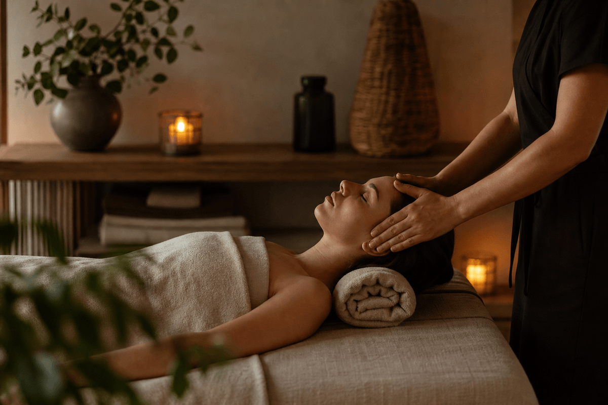 A quiet treatment room with a massage table, folded linens, and dim warm lighting