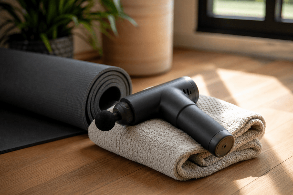 A percussion massage gun resting on a folded towel beside a rolled yoga mat in soft daylight