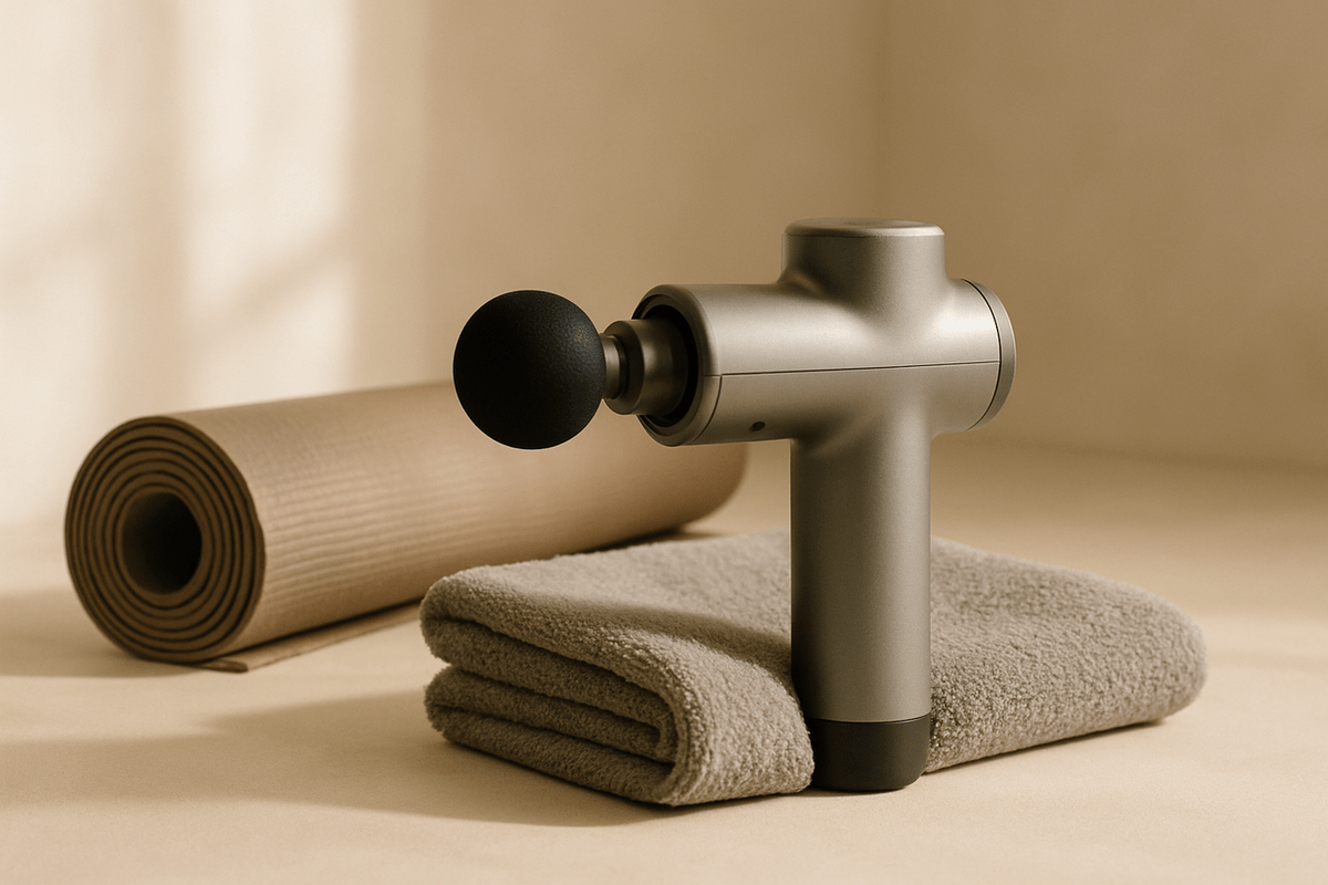 A percussion massage gun resting on a folded towel beside a yoga mat