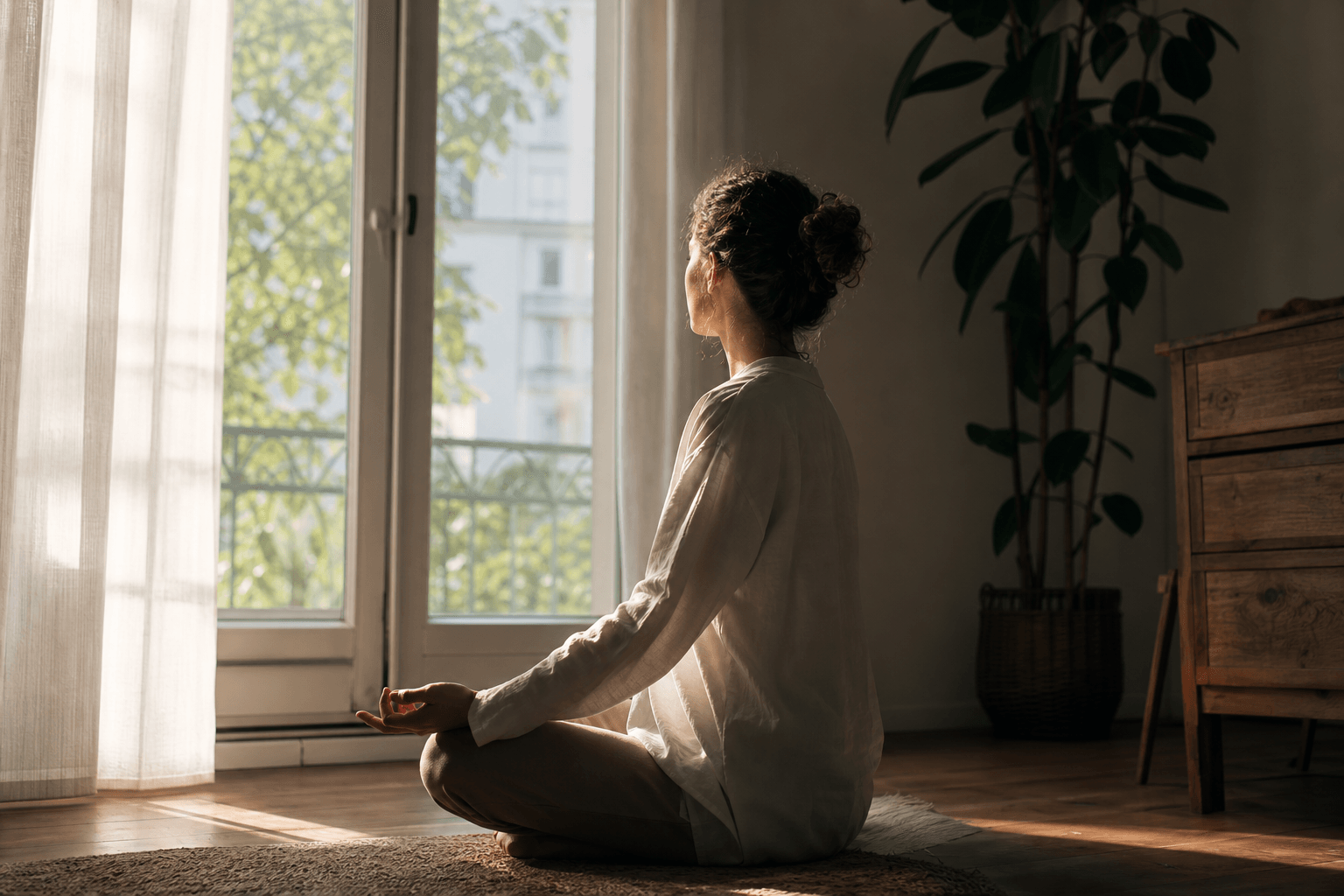 A person sitting quietly in meditation by a window in soft morning light, calm and unforced