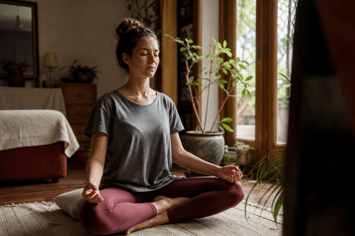 A person sitting comfortably to meditate at home in soft morning light, relaxed and unforced