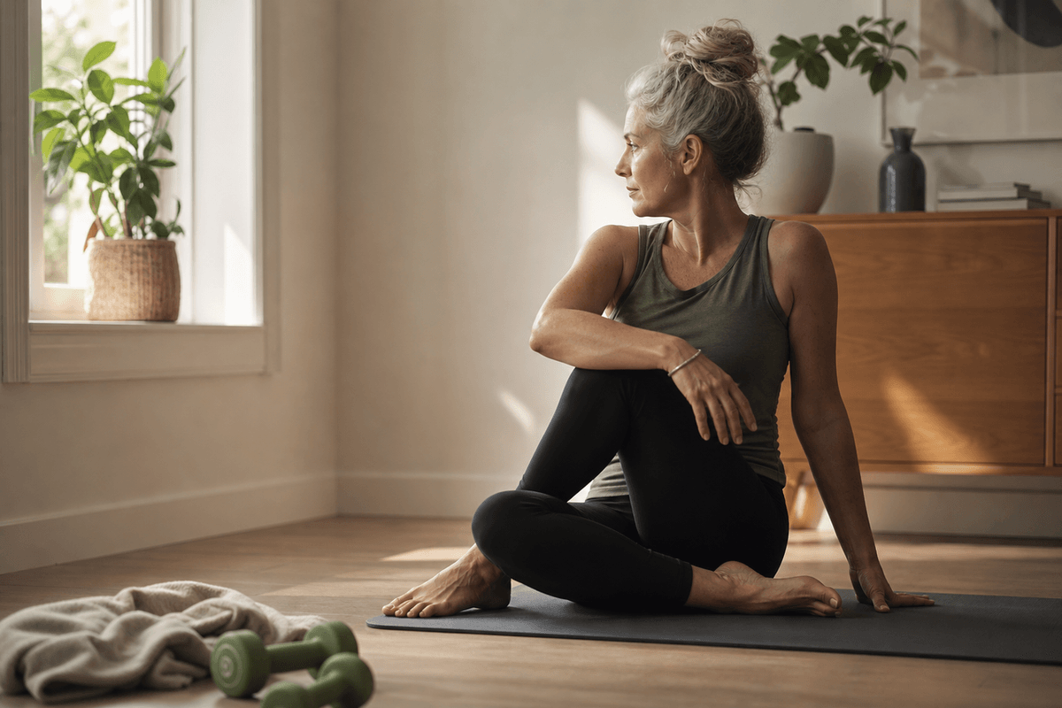 A quiet room with a yoga mat, light dumbbells and morning light through a window