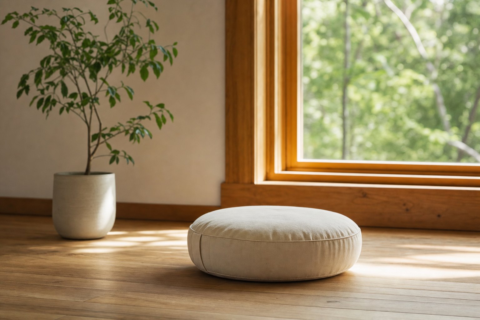 A simple meditation cushion by a window with soft morning light