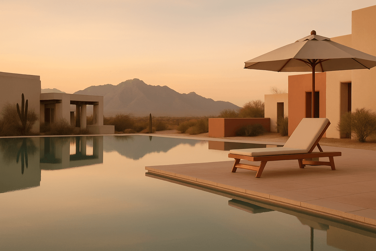 A quiet luxury resort pool deck at dusk with mountains behind and a single lounger
