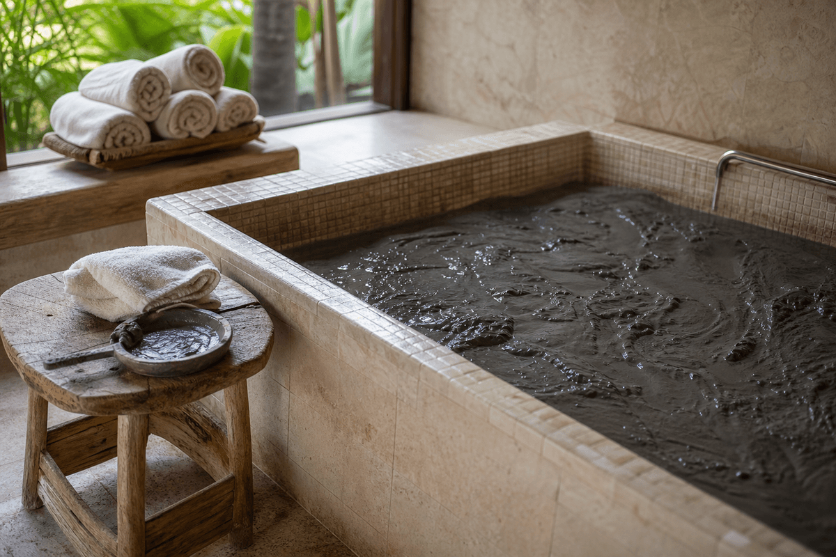 A tiled mud bath tub filled with dark warm mud beside a wooden stool and towels