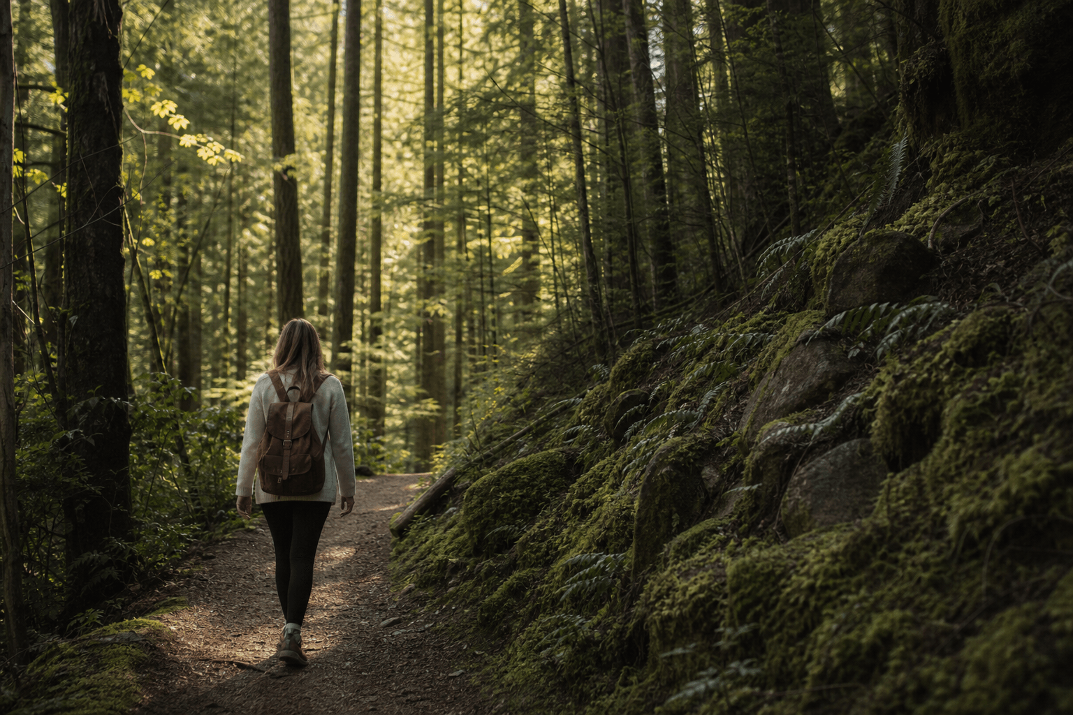 A person walking a quiet forest trail in soft dappled light, calm and unhurried