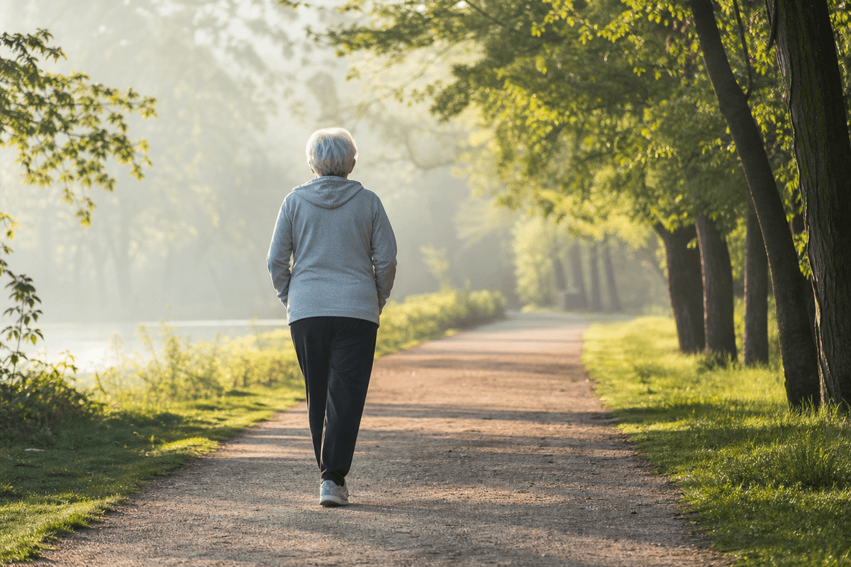 An older adult in a grey hoodie walking away along a tree-lined gravel path in soft morning light