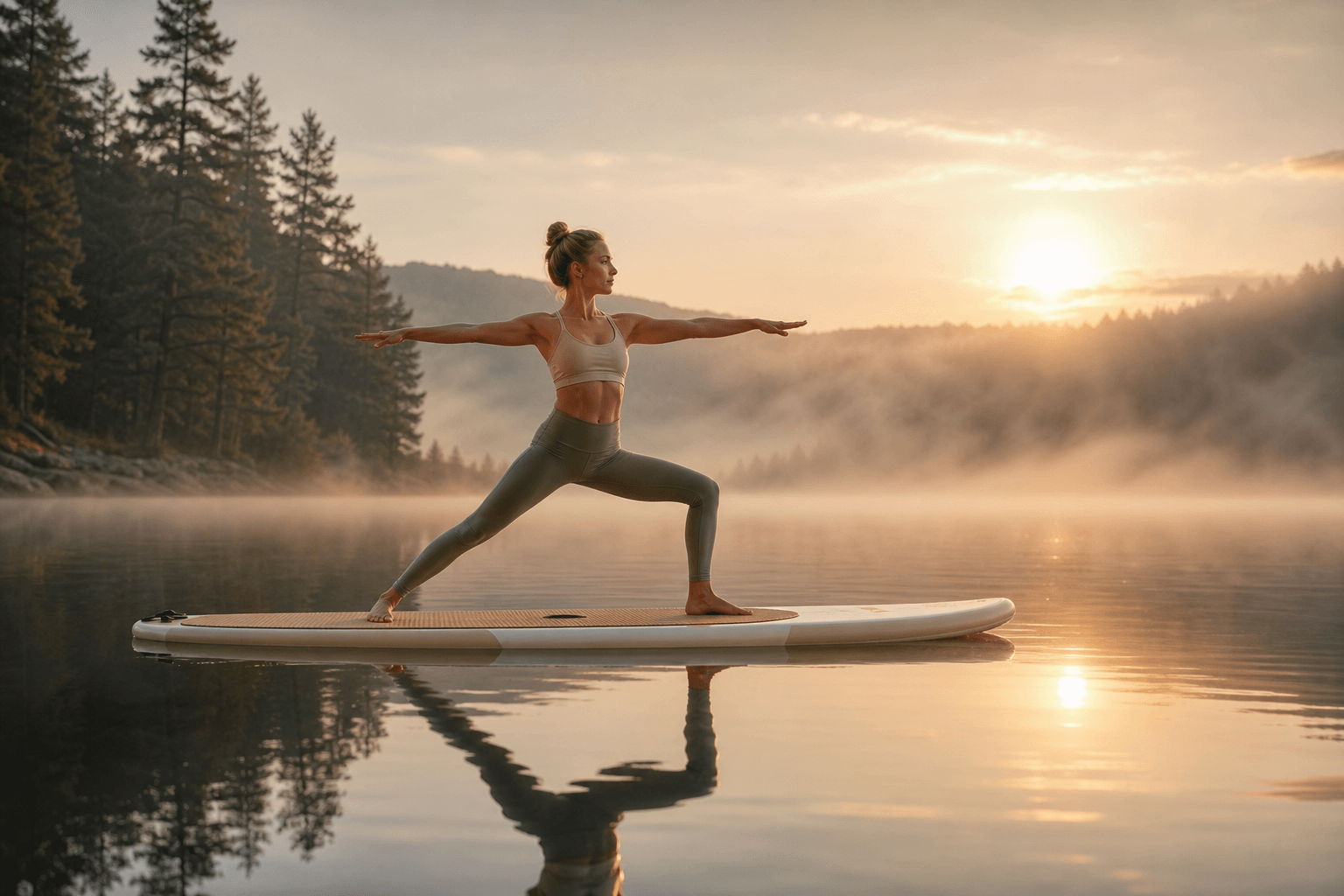A woman in warrior pose balanced on a wide paddleboard on a glassy lake at sunrise, surrounded by mist and pine trees, golden light reflecting on still water