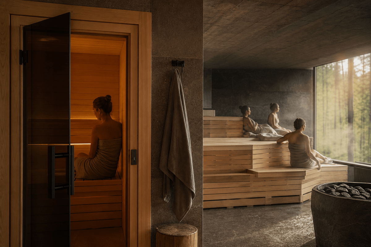 A small private sauna cabin door beside a larger communal bathhouse room with tiered benches