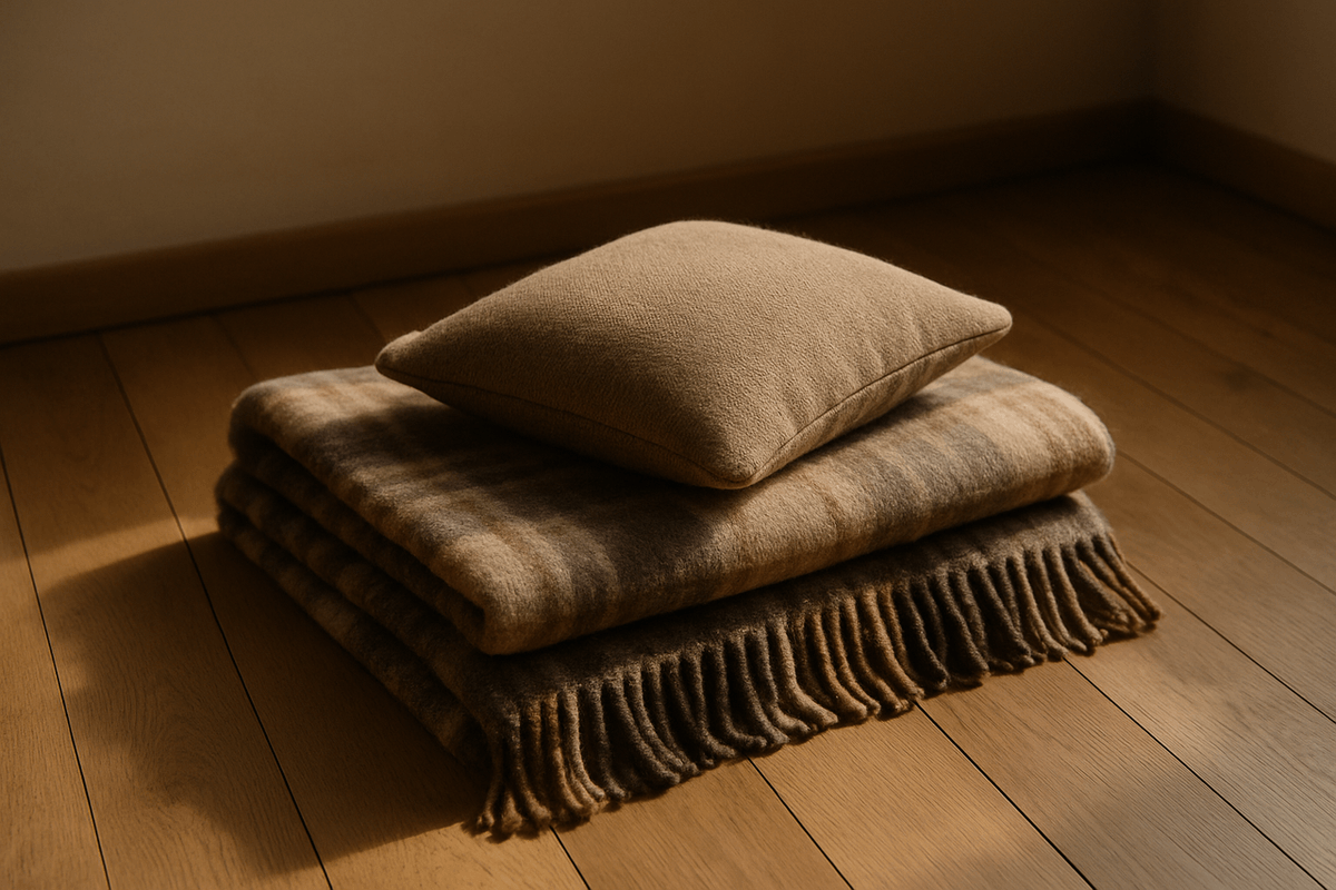 A folded wool blanket and a firm cushion resting on a bare wooden floor in soft daylight, no people and no text