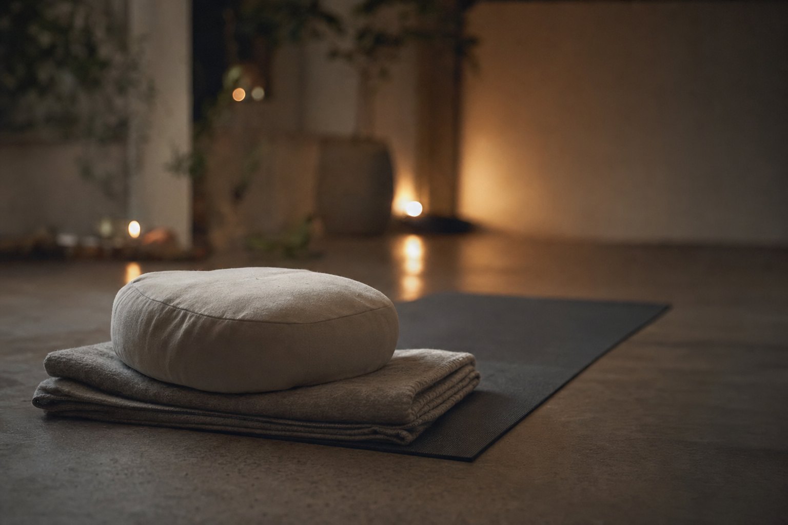 A person lying on a mat in a calm, dim room during a breathwork session