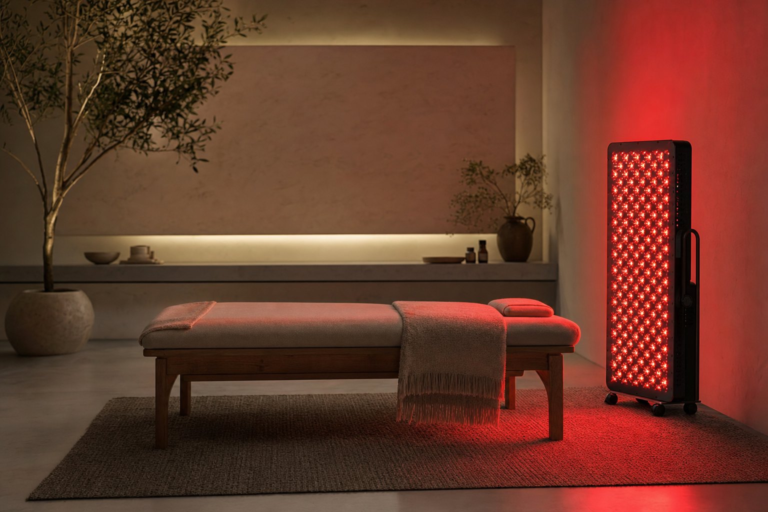 A warm red-light therapy panel glowing in a calm, modern wellness room