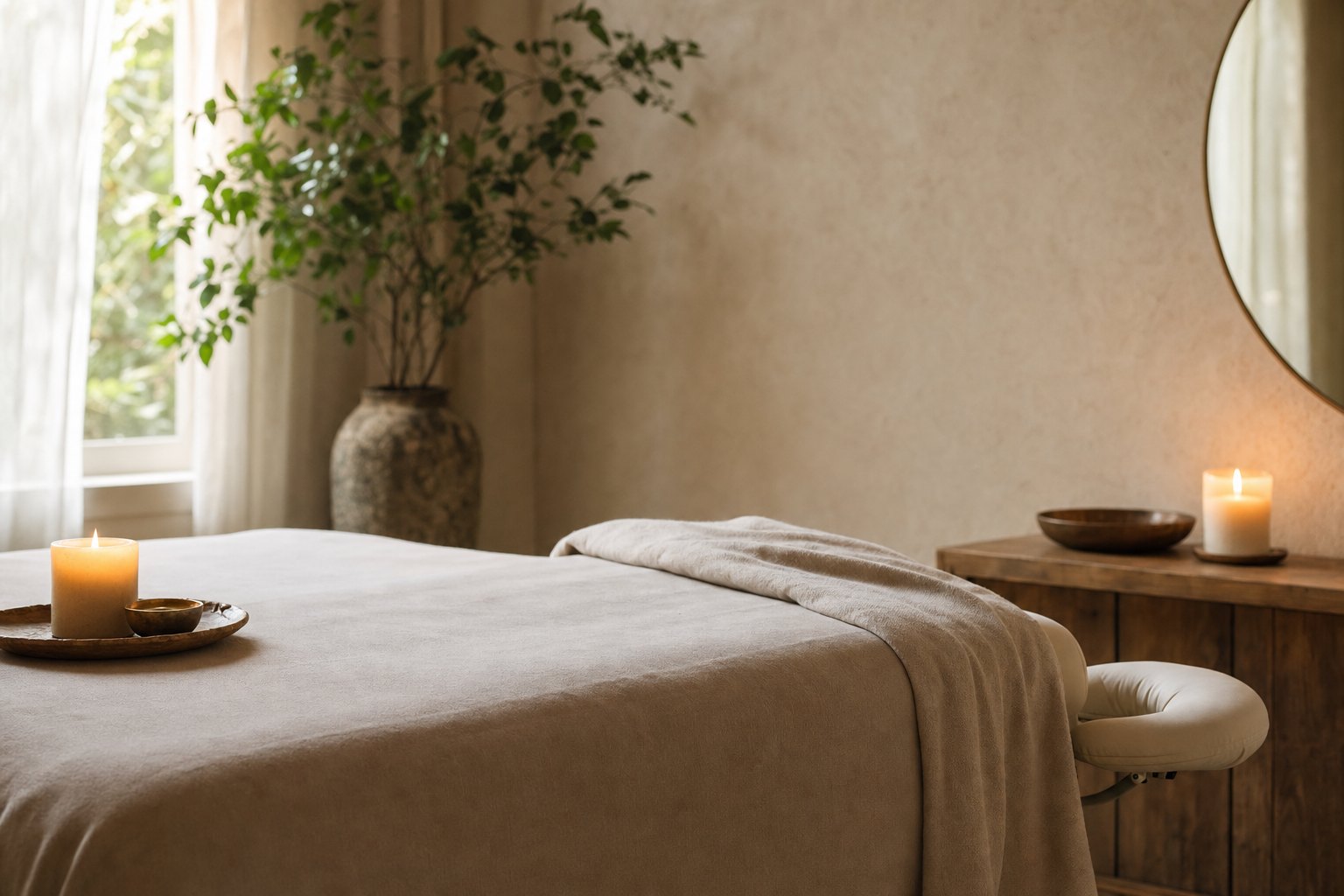 Calm hands resting near a person lying on a treatment table in a serene room