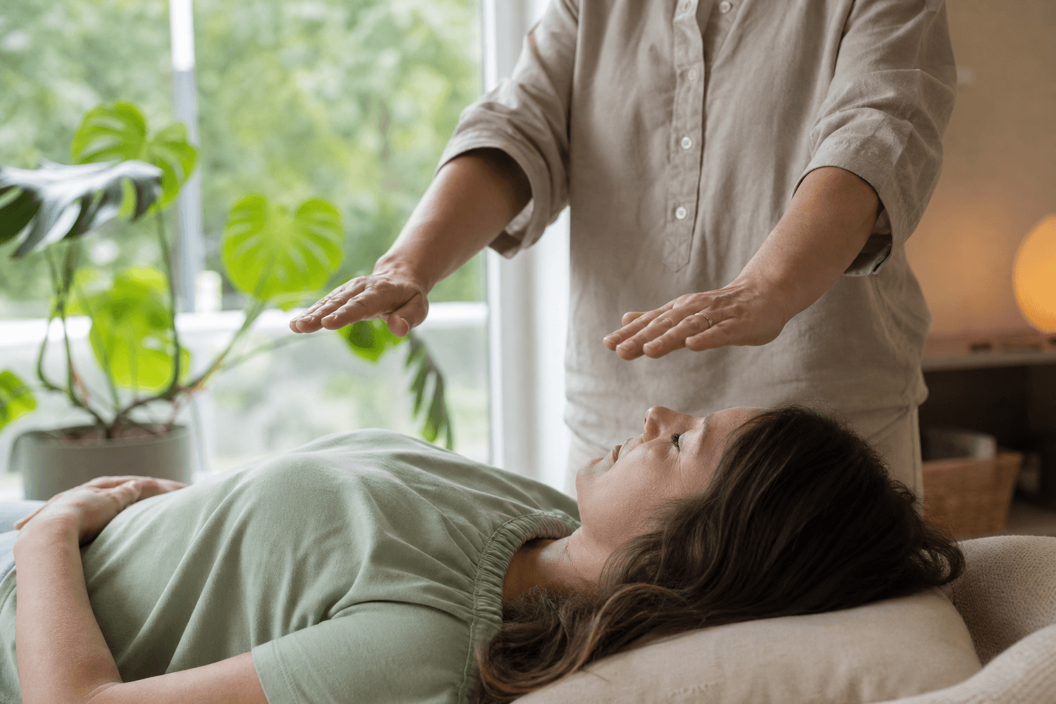 A calm treatment room with a person resting on a table and a practitioner's hands held gently above them, soft light