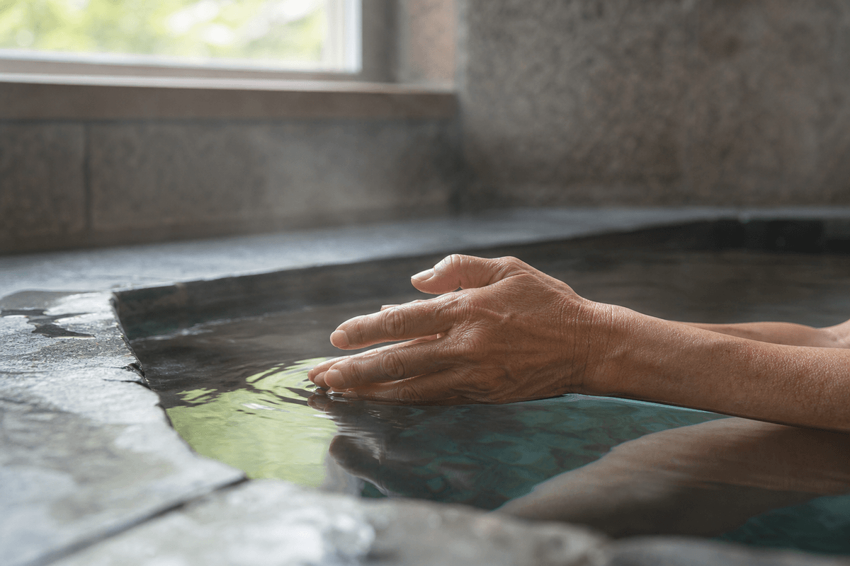 A pair of hands resting in the warm water of a stone bathhouse pool, steam rising, daylight from a high window