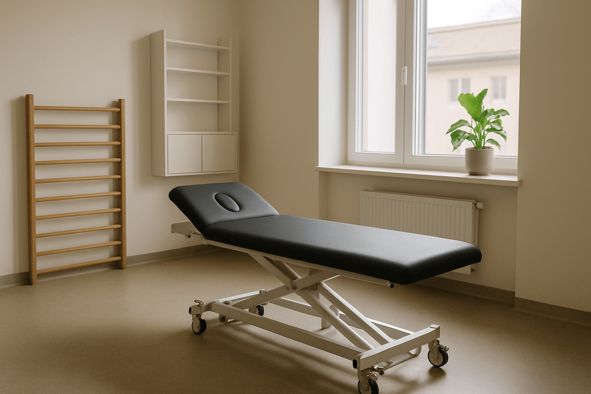 An empty physiotherapy room with a treatment table and daylight through a window